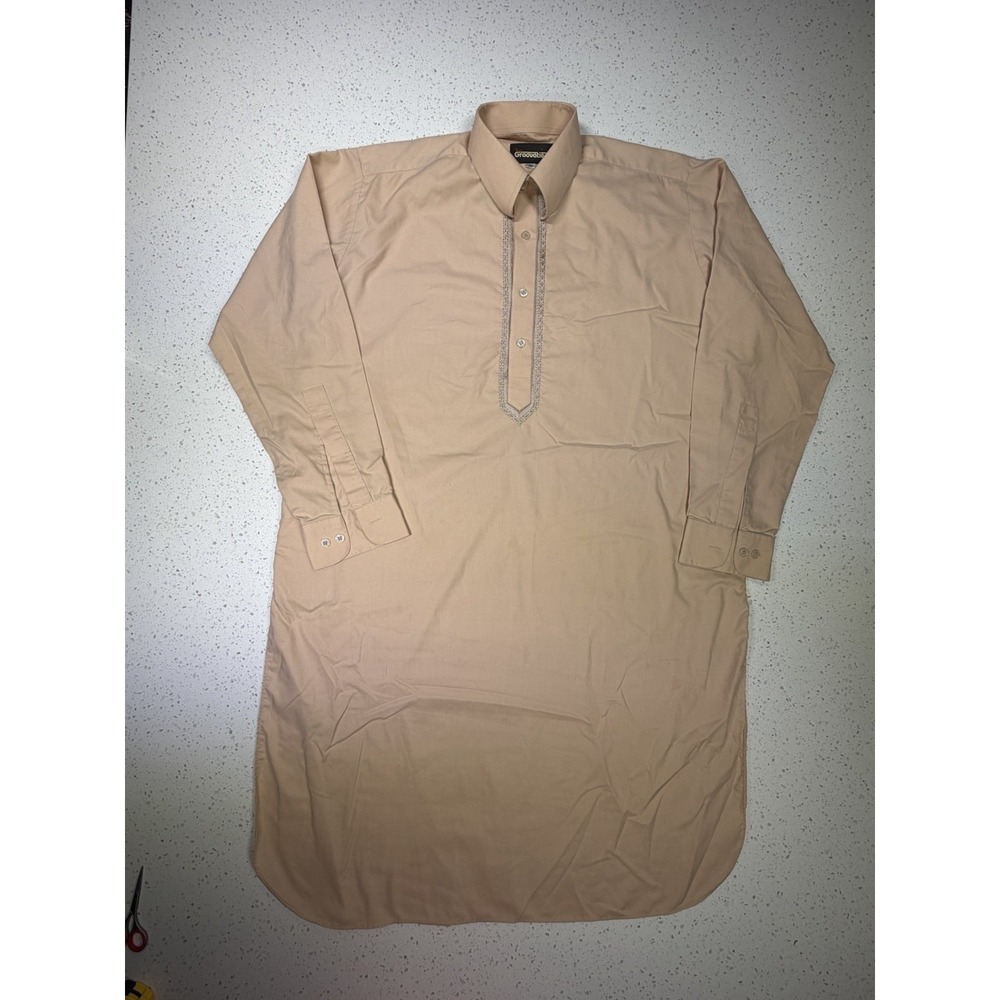Mens Pakistani Kurta Beige Embroidered Cotton Tunic Long Sleeve M with pants